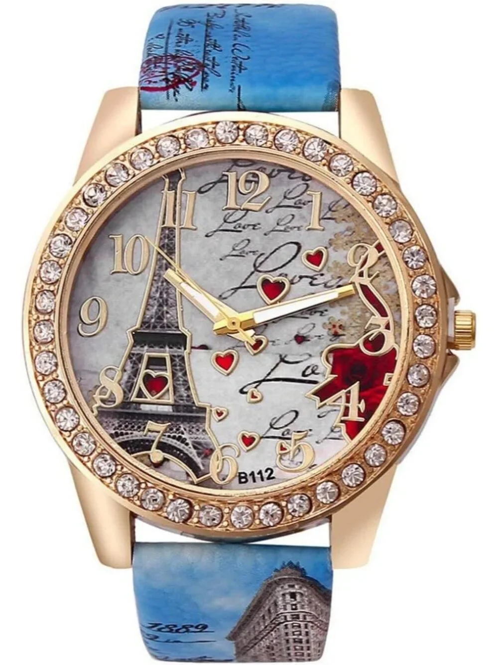 Women's Blue Analog Quartz Solid Pu Leather Strap Bling Rhinestone Wrist Watch